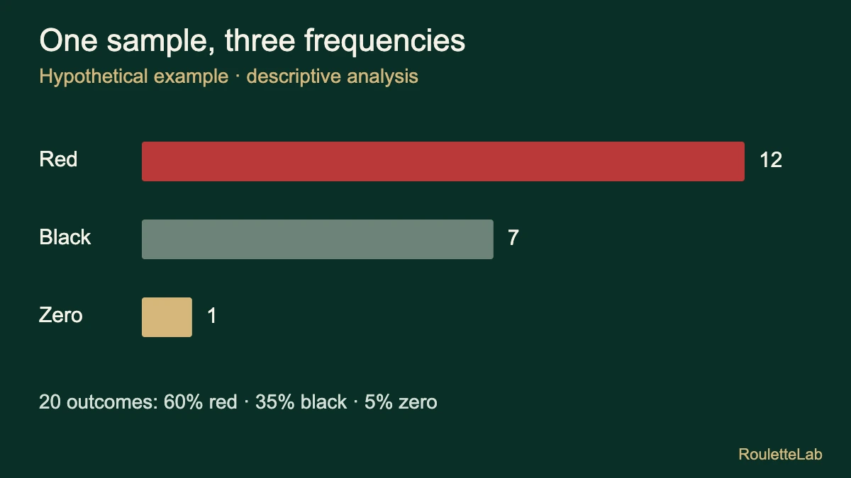Fictional sample of 20 spins: 12 reds, 7 blacks and 1 zero.